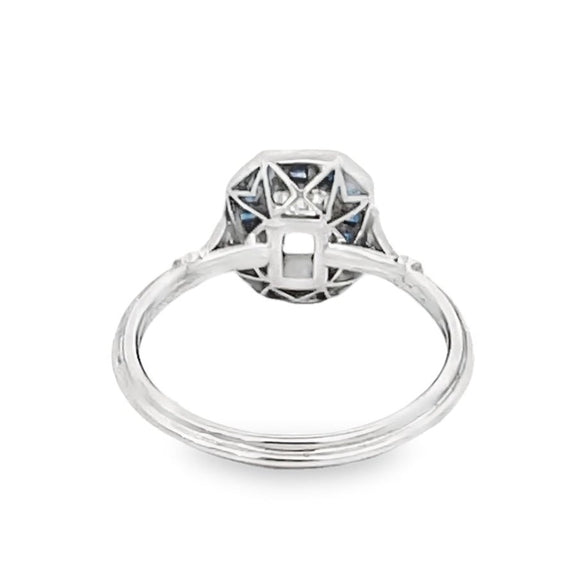 Front view of 0.52ct Emerald Cut Diamond Engagement Ring, VS1 Clarity, Sapphire Halo, Platinum