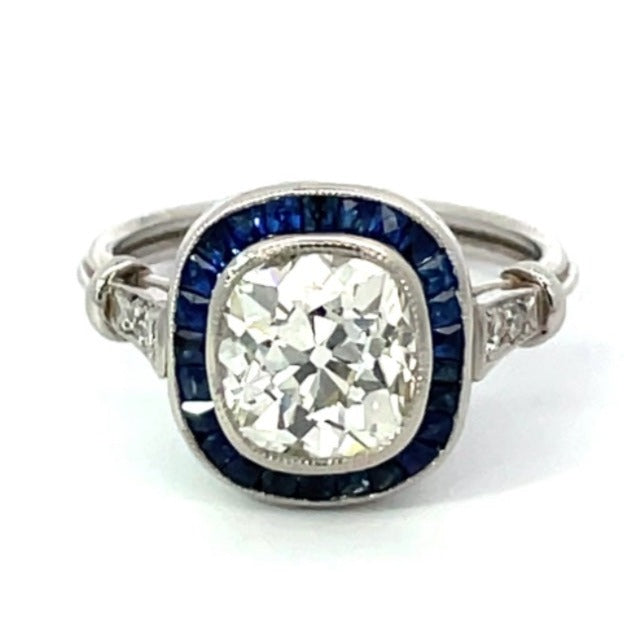 Front view of 2.29ct Antique Cushion Cut Diamond Engagement Ring, VS1 Clarity, Sapphire Halo, Platinum