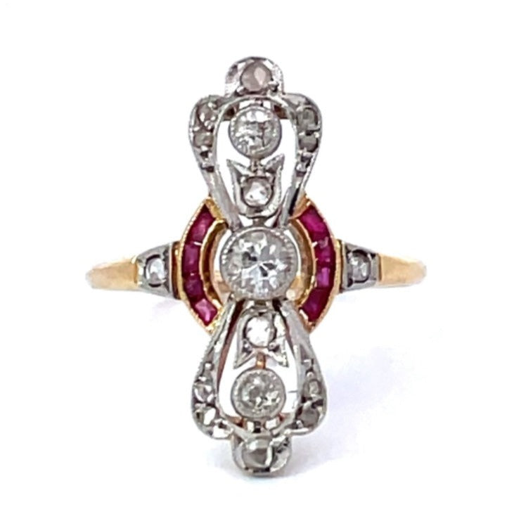 Front view of Antique 0.15ct Old European Cut Diamond Cocktail Ring, 18k Yellow Gold