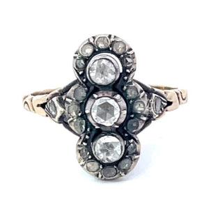 Front view of Antique 0.30ct Rose Cut Diamond Cocktail Ring, Silver & Yellow Gold