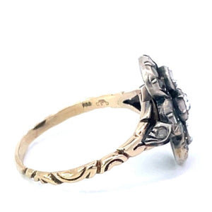 Side view of Antique 0.30ct Rose Cut Diamond Cocktail Ring, Silver & Yellow Gold