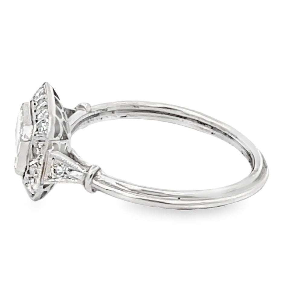 Side view of GIA 0.75ct Emerald Cut Diamond Engagement Ring, Diamond Halo, Platinum