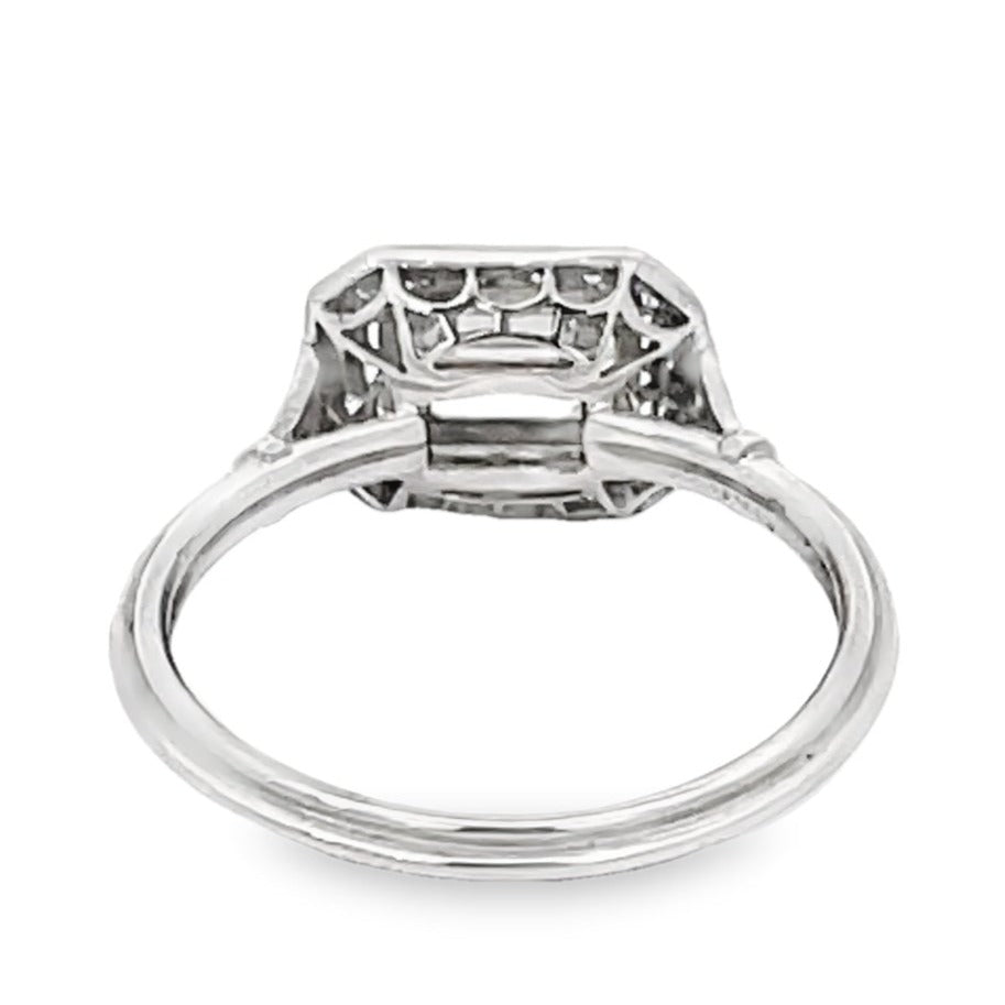 Back view of GIA 0.75ct Emerald Cut Diamond Engagement Ring, Diamond Halo, Platinum