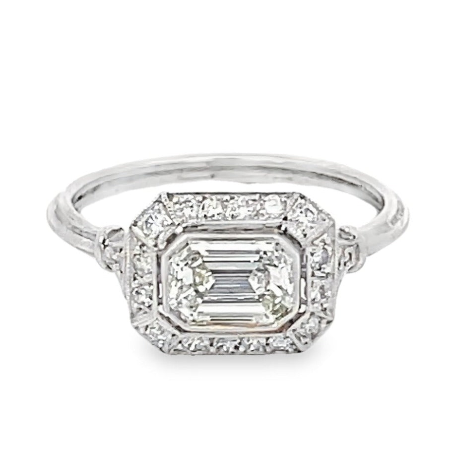 Front view of GIA 0.75ct Emerald Cut Diamond Engagement Ring, Diamond Halo, Platinum