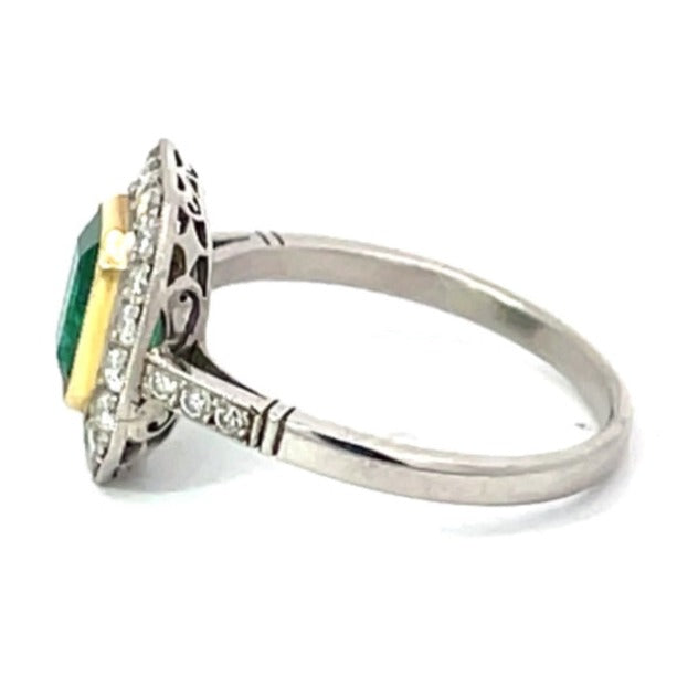 Side view of 1.03ct Emerald Cut Emerald Engagement Ring, Diamond Halo, 18k Yellow Gold & Platinum