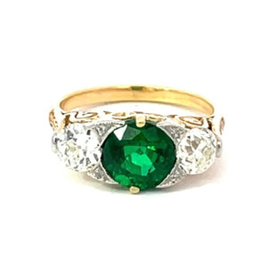 Front view of 1.65ct Round Cut Emerald Engagement Ring, VS1 Clarity, 18k Yellow Gold & Platinum