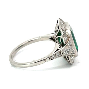 Side view of 4.32ct Emerald Cut Natural Emerald Engagement Ring, Diamond Halo, Platinum