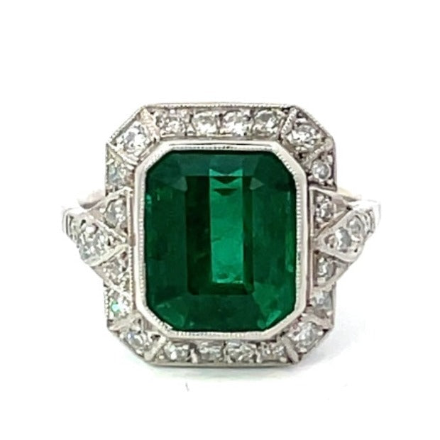 Front view of 4.32ct Emerald Cut Natural Emerald Engagement Ring, Diamond Halo, Platinum