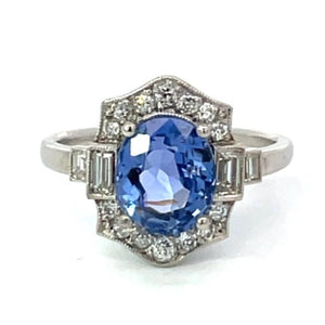 Front view of GIA 3.15ct Oval Cut Natural Sapphire Cocktail Ring, Diamond Halo, Platinum