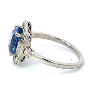 Side view of GIA 3.15ct Oval Cut Natural Sapphire Cocktail Ring, Diamond Halo, Platinum