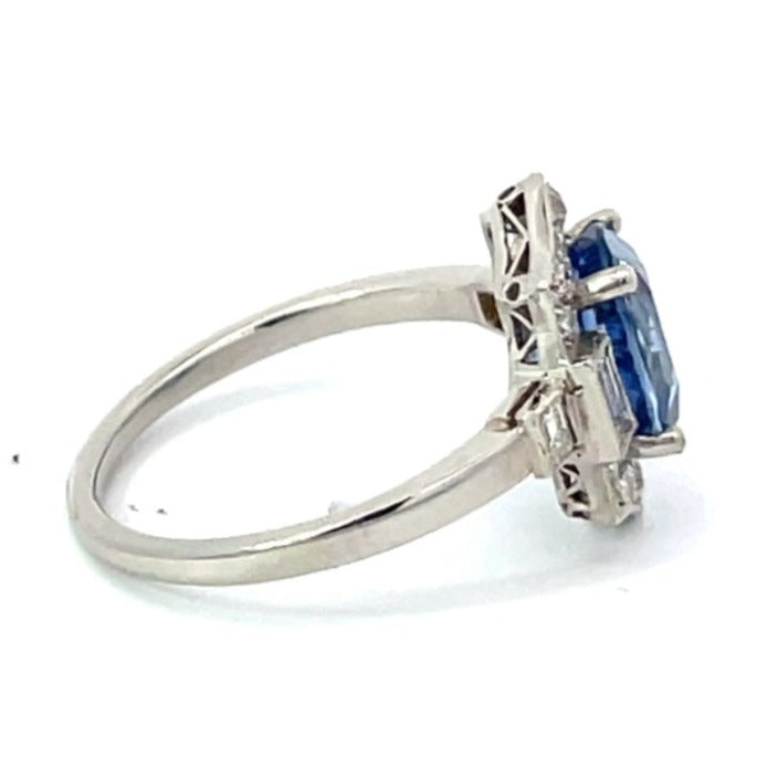 Side view of GIA 3.15ct Oval Cut Natural Sapphire Cocktail Ring, Diamond Halo, Platinum