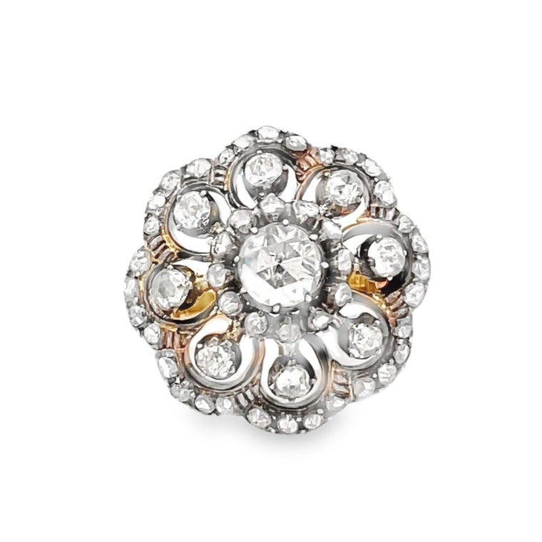 Front view of Antique 0.55ct Rose Cut Diamond Engagement Ring, Silver & 18k Yellow Gold