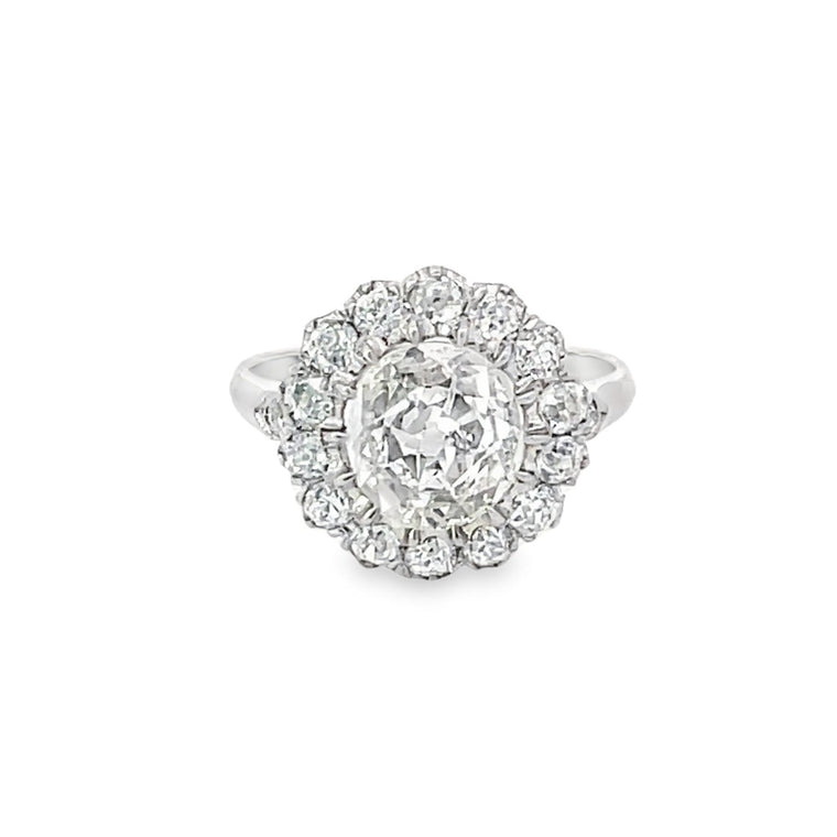 Front view of GIA 1.22ct Old Mine Cut Diamond Cluster Ring