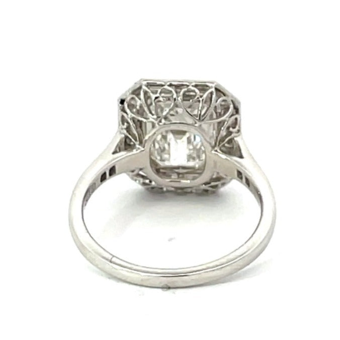 Back view of GIA 3.00ct Emerald Cut Diamond Engagement Ring, H Color, Diamond Halo, Platinum