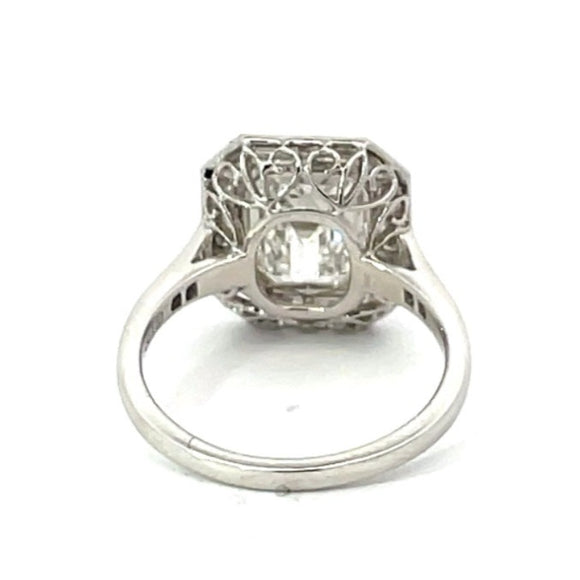 Front view of GIA 3.00ct Emerald Cut Diamond Engagement Ring, H Color, Diamond Halo, Platinum