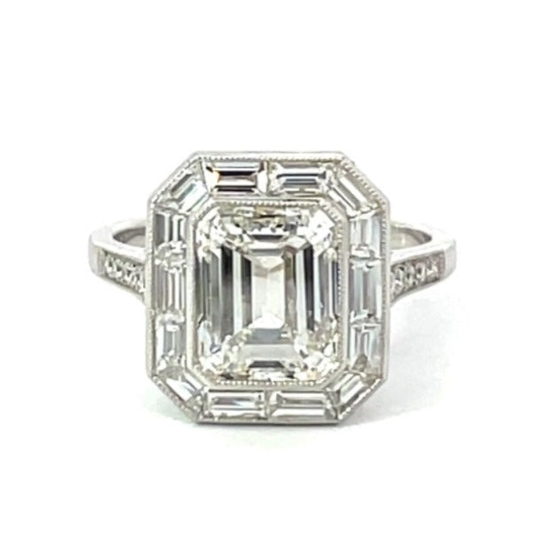 Front view of GIA 3.00ct Emerald Cut Diamond Engagement Ring, H Color, Diamond Halo, Platinum
