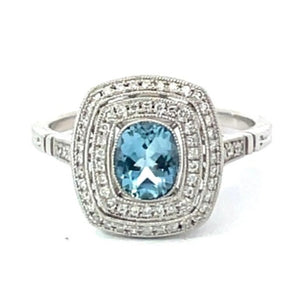 Front view of 0.53ct Oval Cut Aquamarine Engagement Ring, Double Diamond Halo, Platinum