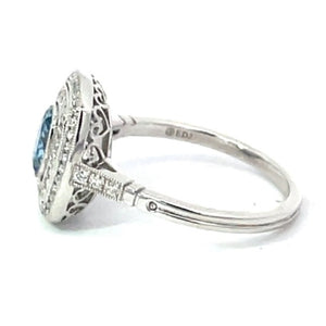 Side view of 0.53ct Oval Cut Aquamarine Engagement Ring, Double Diamond Halo, Platinum