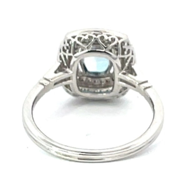 Back view of 0.53ct Oval Cut Aquamarine Engagement Ring, Double Diamond Halo, Platinum