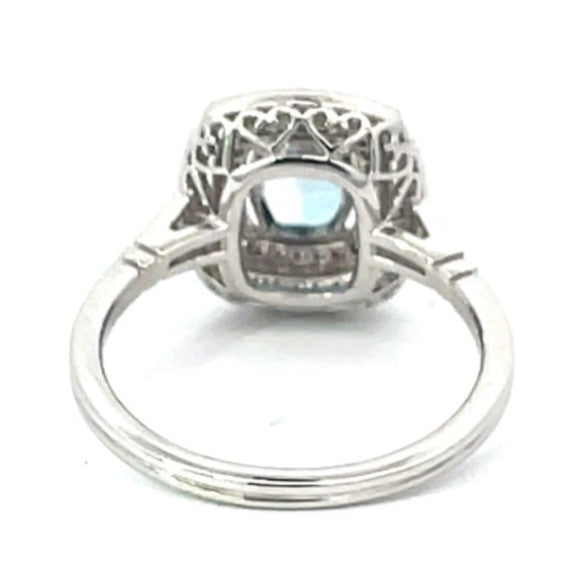 Front view of 0.53ct Oval Cut Aquamarine Engagement Ring, Double Diamond Halo, Platinum