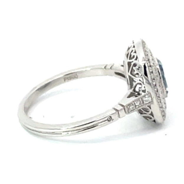 Side view of 0.53ct Oval Cut Aquamarine Engagement Ring, Double Diamond Halo, Platinum