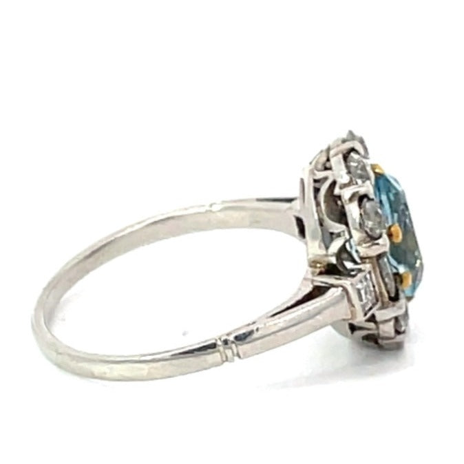 Side view of 1.20ct Oval Cut Natural Aquamarine Engagement Ring, Floral Diamond Halo, Platinum