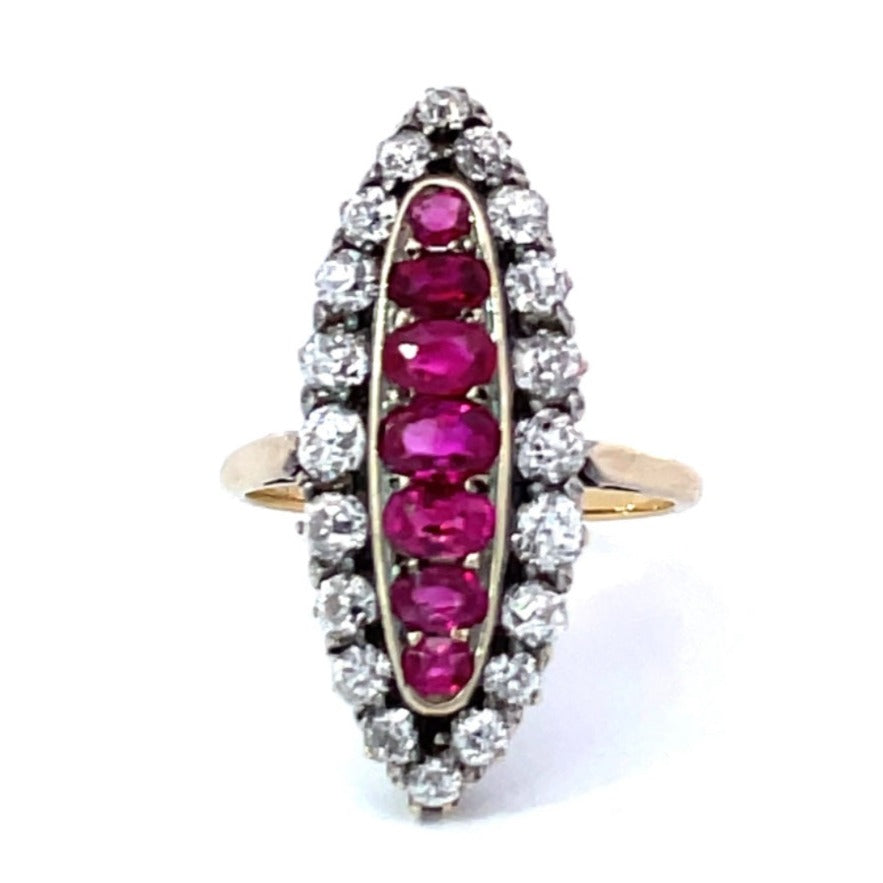 Front view of Antique 1.00ct Oval Cut Burmese Ruby Cocktail Ring, Diamond Halo, 18k Yellow Gold