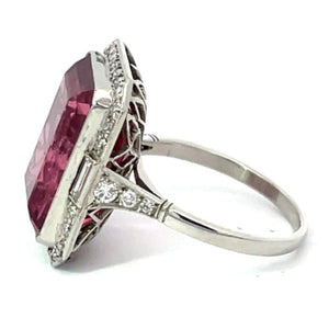 Side view of 12.11ct Emerald Cut Rubellite Cocktail Ring, Diamond Halo, Platinum