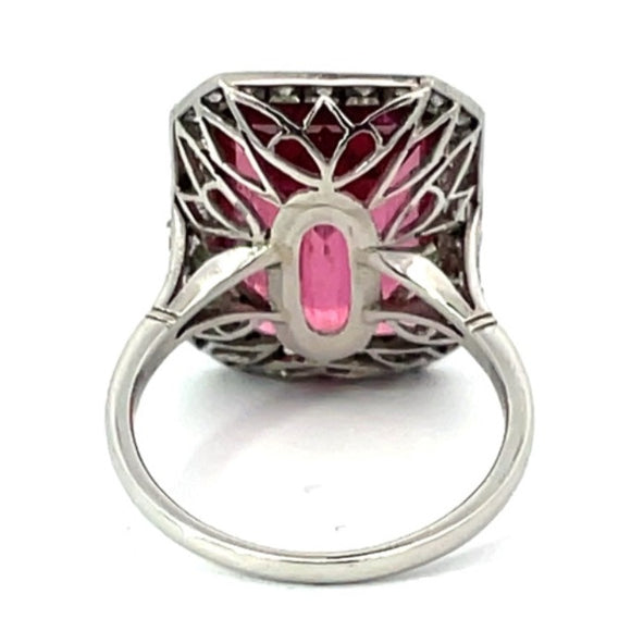 Front view of 12.11ct Emerald Cut Rubellite Cocktail Ring, Diamond Halo, Platinum