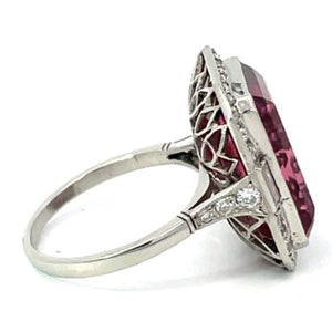 Side view of 12.11ct Emerald Cut Rubellite Cocktail Ring, Diamond Halo, Platinum