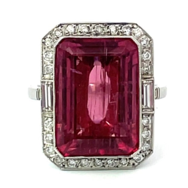 Front view of 12.11ct Emerald Cut Rubellite Cocktail Ring, Diamond Halo, Platinum