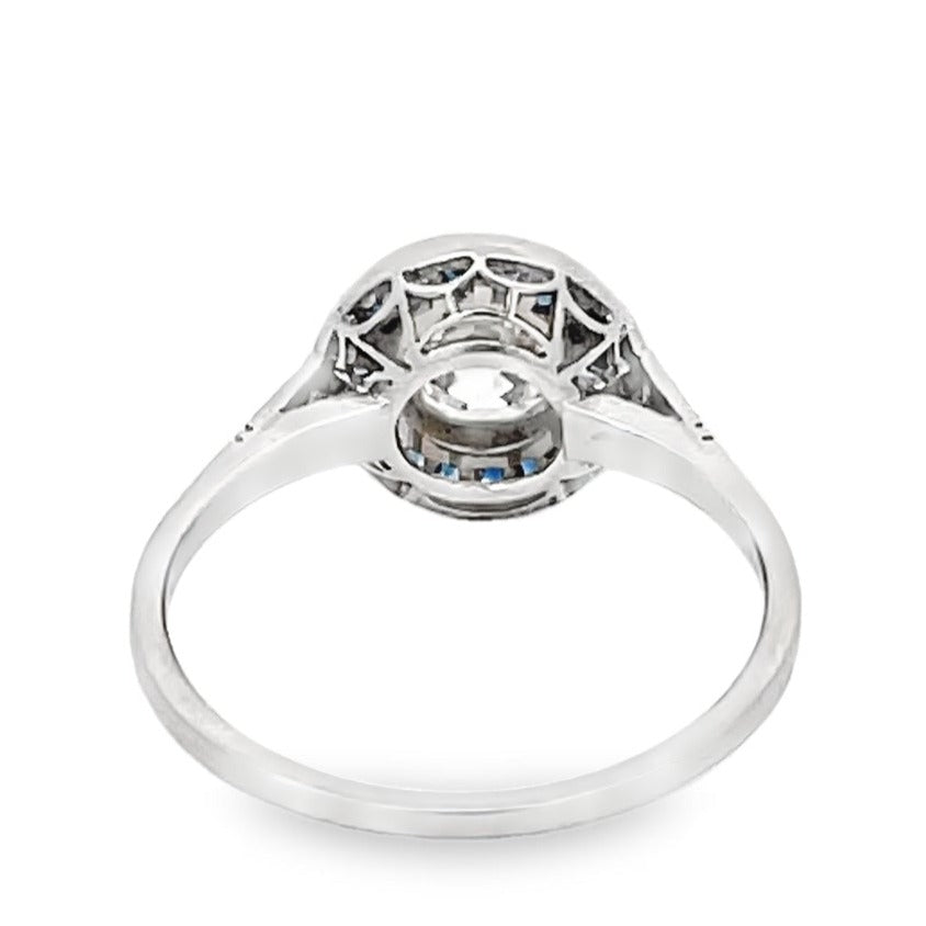 Back view of 0.77ct Old European Cut Diamond Engagement Ring, Sapphire Halo, Platinum