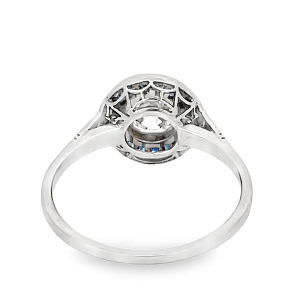 Front view of 0.77ct Old European Cut Diamond Engagement Ring, Sapphire Halo, Platinum