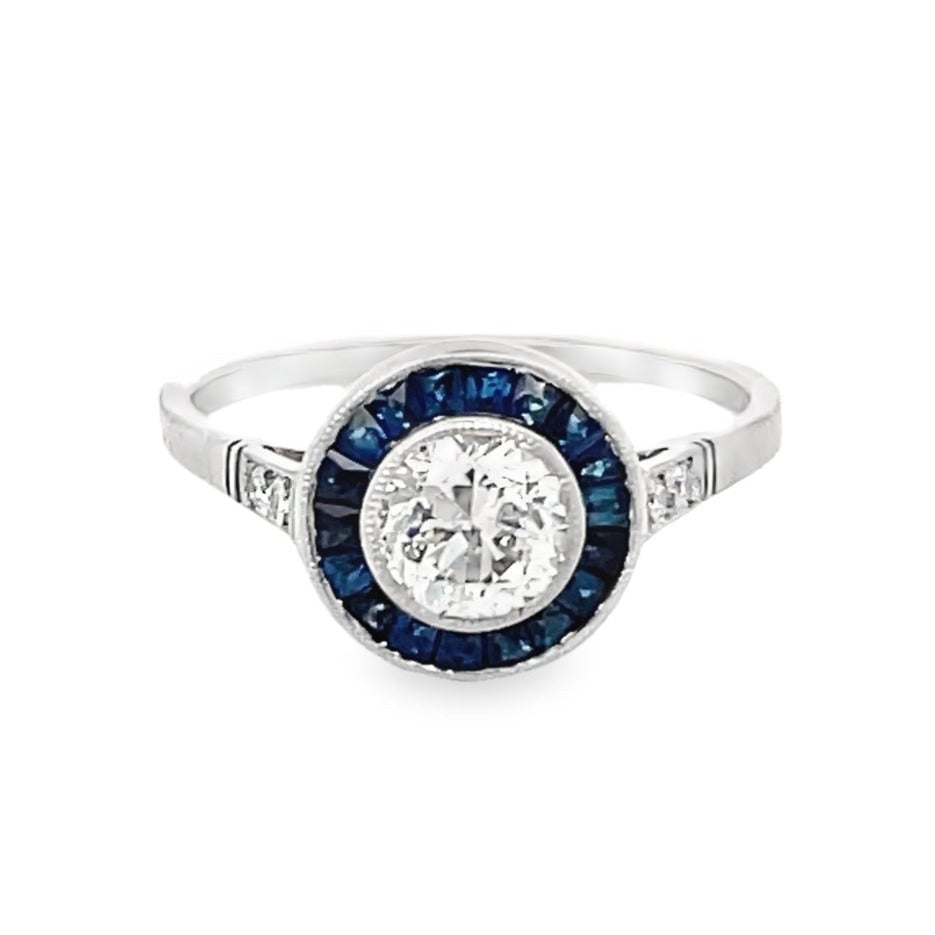 Front view of 0.77ct Old European Cut Diamond Engagement Ring, Sapphire Halo, Platinum