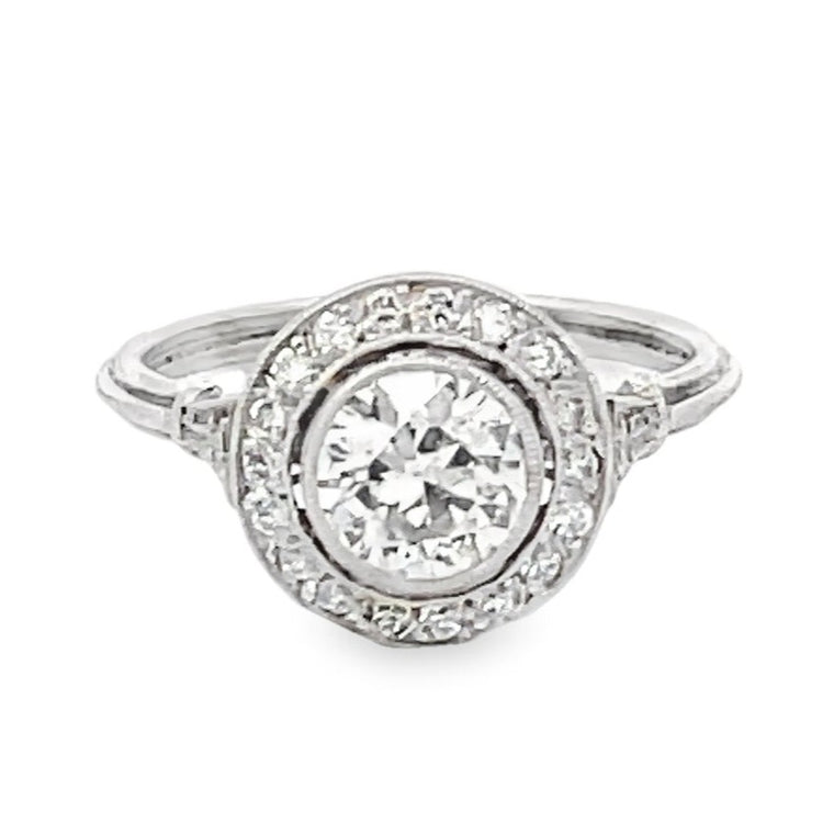 Front view of 0.79ct Old European Cut Diamond Engagement Ring, Diamond Halo, Platinum