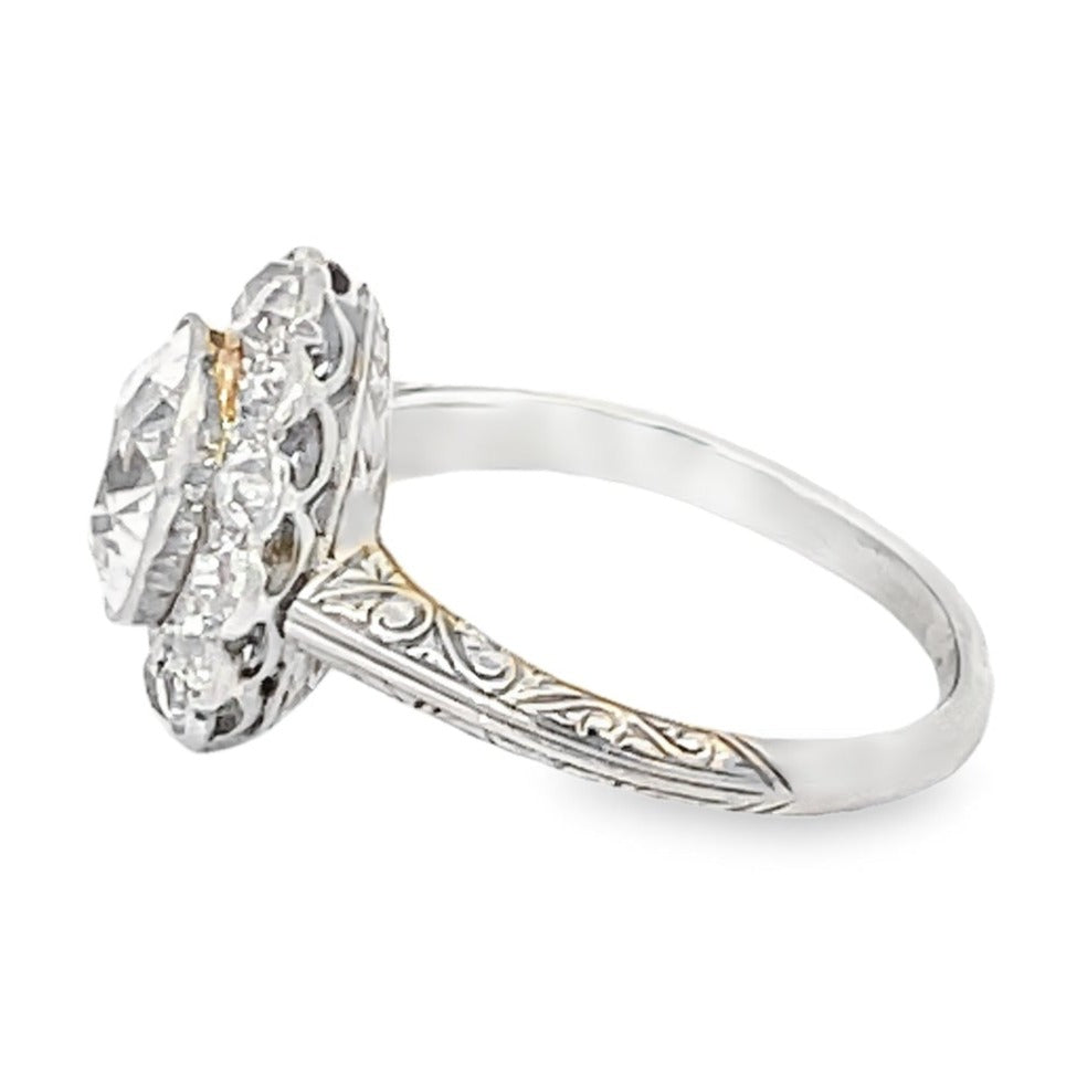 Side view of Antique 1.52ct Old European Cut Diamond Cluster Ring, Diamond Halo, Platinum