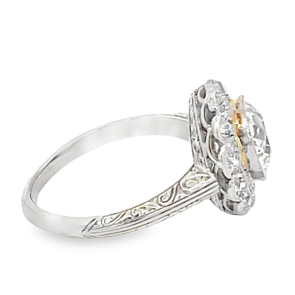 Side view of Antique 1.52ct Old European Cut Diamond Cluster Ring, Diamond Halo, Platinum