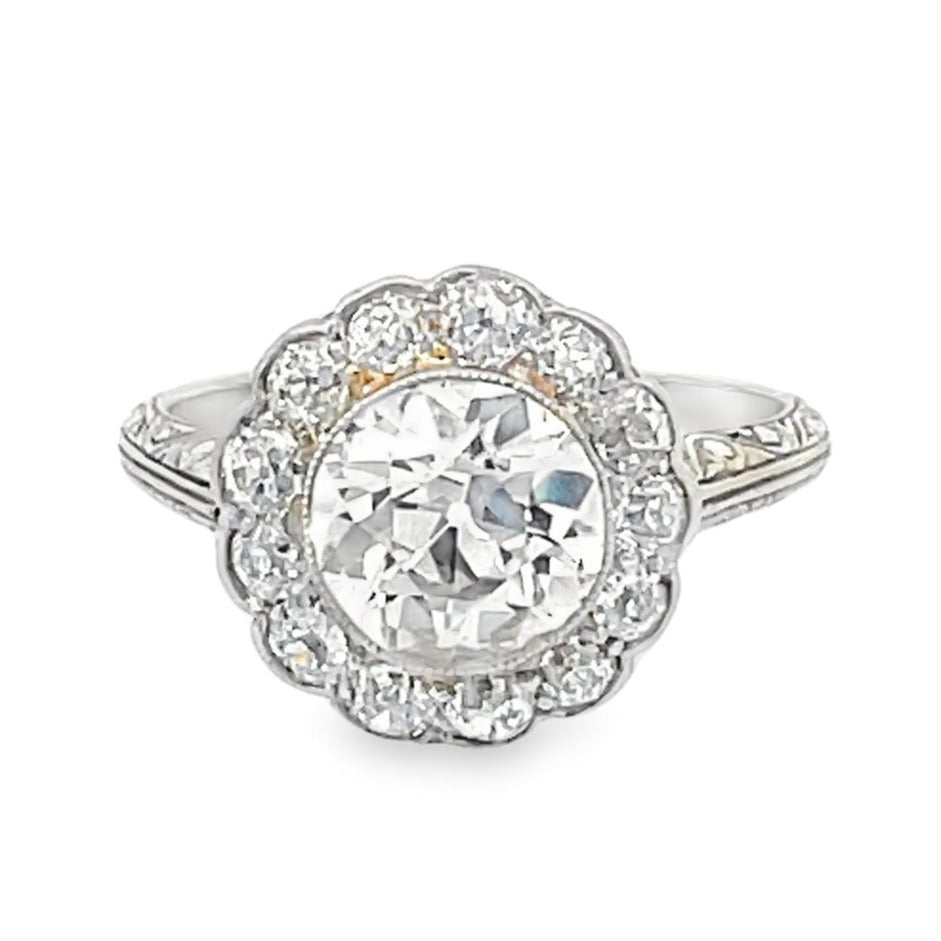 Front view of Antique 1.52ct Old European Cut Diamond Cluster Ring, Diamond Halo, Platinum