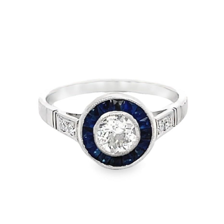 Front view of 0.50ct Old European Cut Diamond Engagement Ring, Sapphire Halo, Platinum