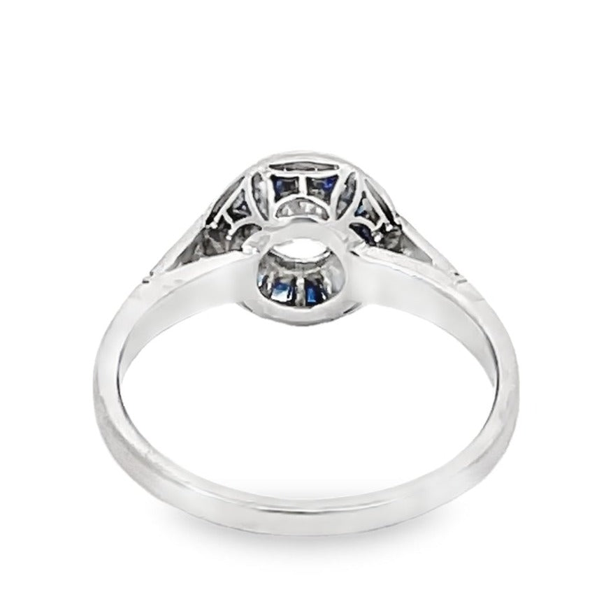 Back view of 0.50ct Old European Cut Diamond Engagement Ring, Sapphire Halo, Platinum