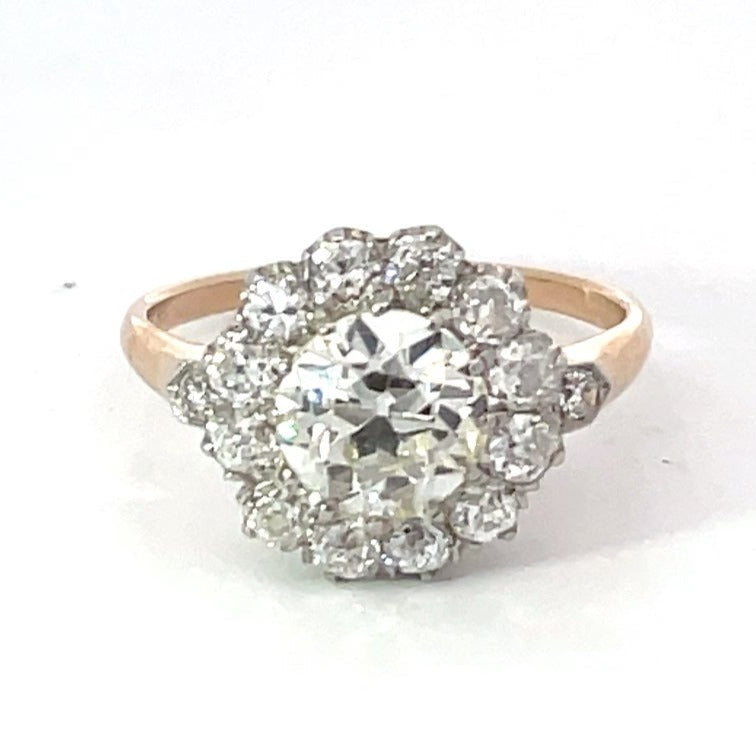 Front view of 1.36ct Diamond Cluster Ring, Diamond Halo, Platinum & 18k Yellow Gold