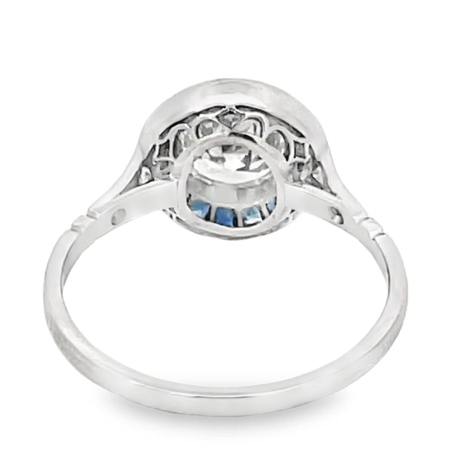 Back view of 1.42ct Old European Cut Diamond Engagement Ring, Sapphire Halo, Platinum