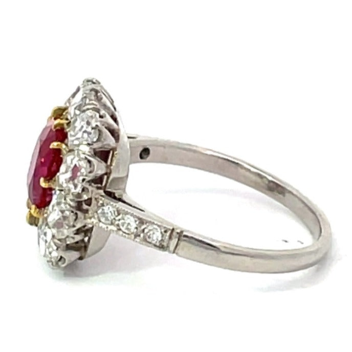 Side view of AGL 1.46ct Cushion Cut Burma Ruby Engagement Ring, Diamond Halo, Platinum, Non-Heated