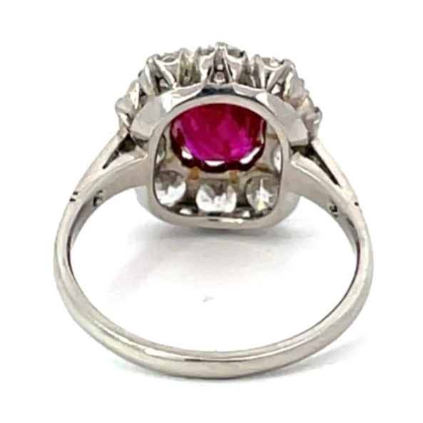 Back view of AGL 1.46ct Cushion Cut Burma Ruby Engagement Ring, Diamond Halo, Platinum, Non-Heated