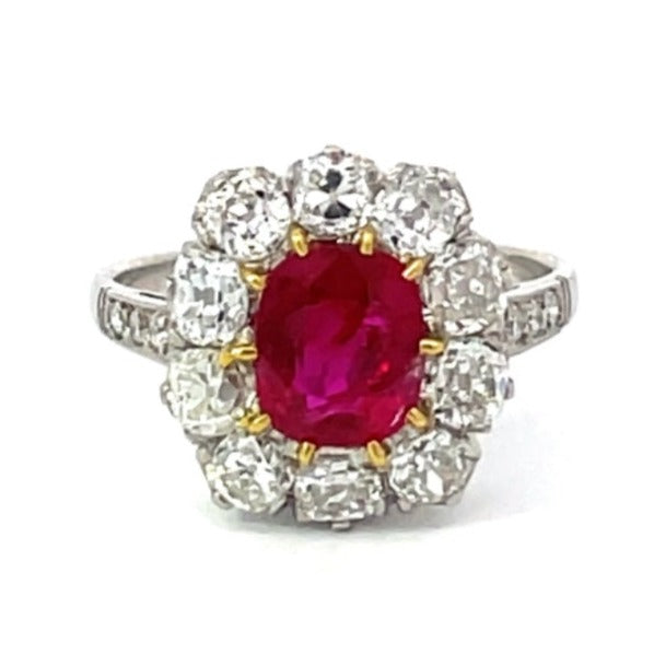 Front view of AGL 1.46ct Cushion Cut Burma Ruby Engagement Ring, Diamond Halo, Platinum, Non-Heated