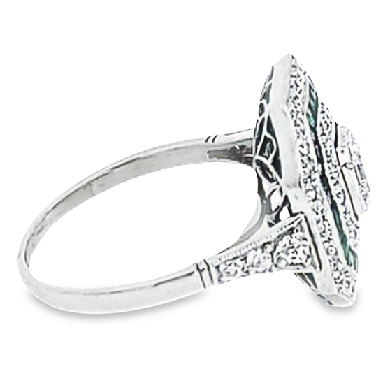 Side view of 0.52ct Asscher Cut Diamond Engagement Ring, Diamond & Emerald Halo, Platinum