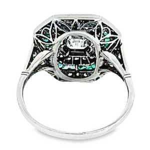 Back view of 0.52ct Asscher Cut Diamond Engagement Ring, Diamond & Emerald Halo, Platinum