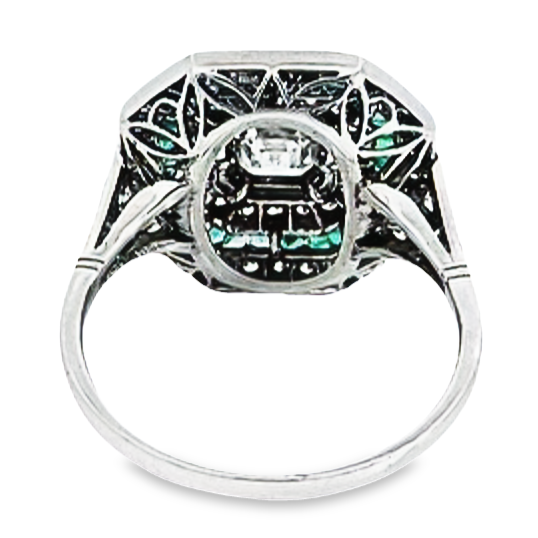 Back view of 0.52ct Asscher Cut Diamond Engagement Ring, Diamond & Emerald Halo, Platinum