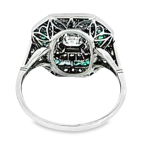 Front view of 0.52ct Asscher Cut Diamond Engagement Ring, Diamond & Emerald Halo, Platinum
