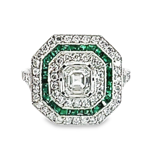 Front view of 0.52ct Asscher Cut Diamond Engagement Ring, Diamond & Emerald Halo, Platinum